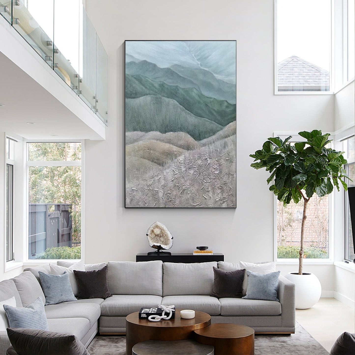 Gray Green Mountains Textured Vertical Wall Art