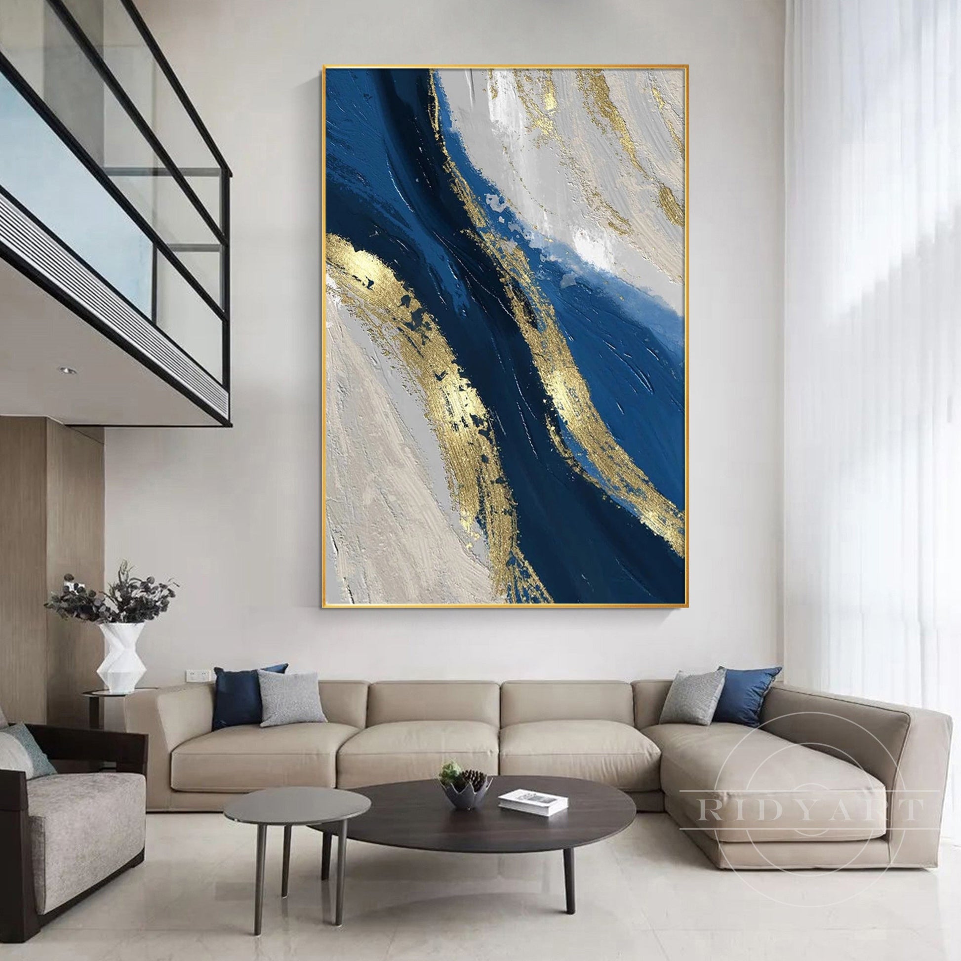 Navy blue Gold Ocean Painting