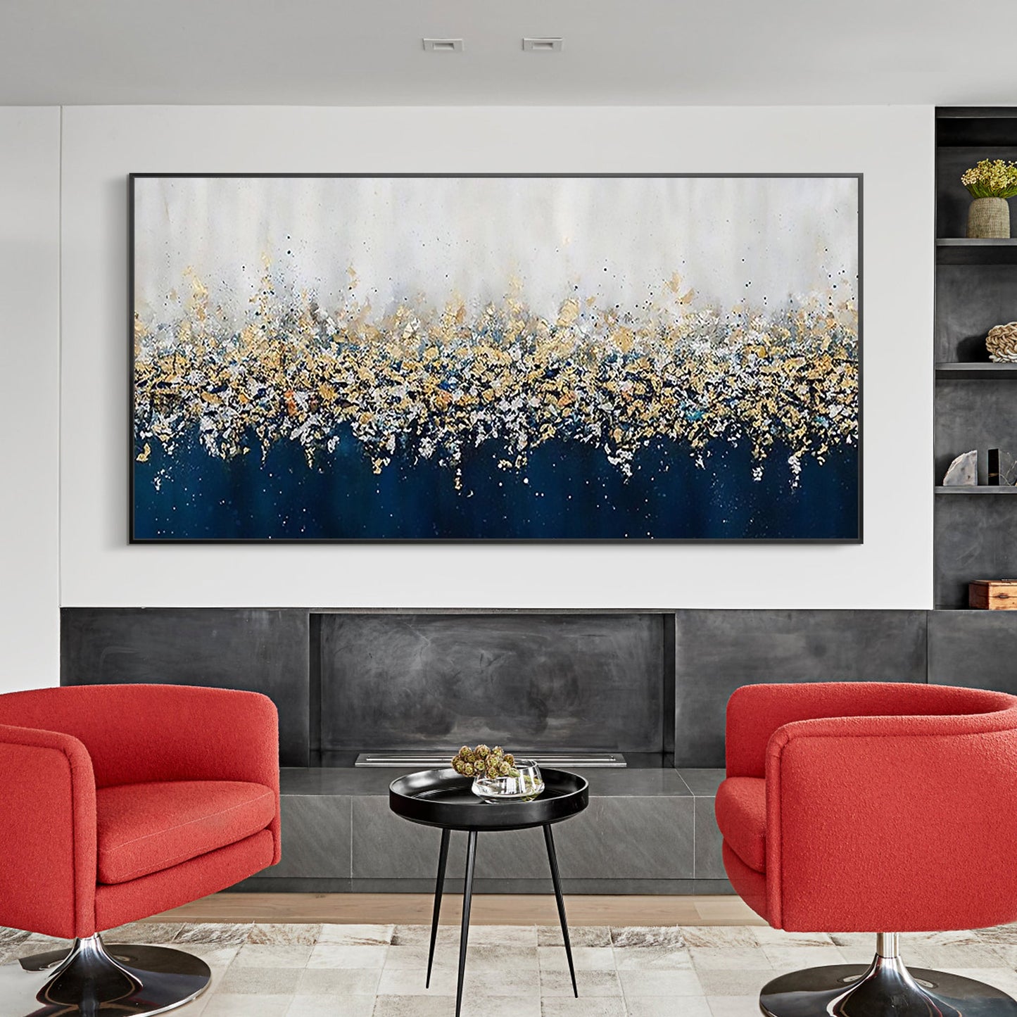 Navy Blue Abstract Gold Silver Wall Art