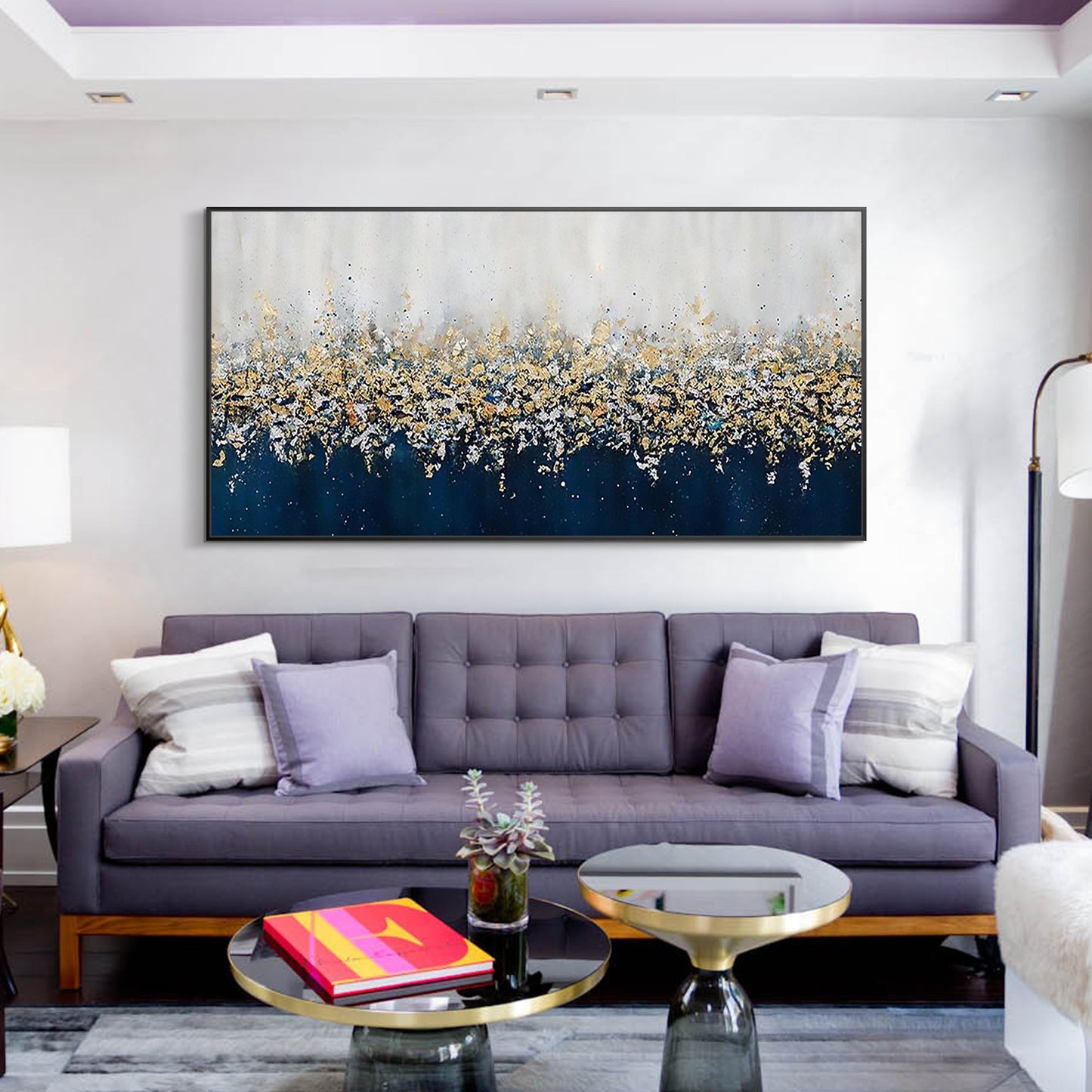 Navy Blue Abstract Gold Silver Wall Art