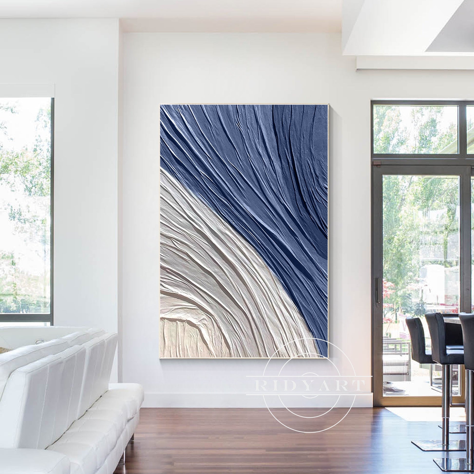 Minimalist Navy Blue Gray 3D Texture Plaster Wall Art
