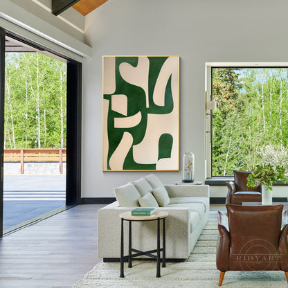 Beige Emerald Green Abstract Painting Vertical Organic Shape