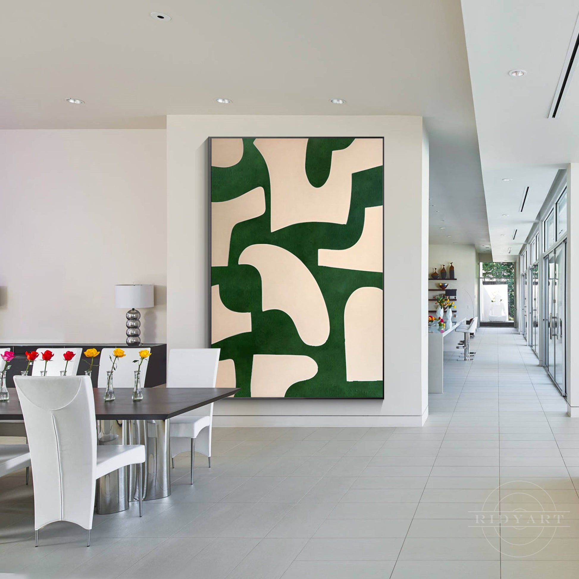 Beige Emerald Green Abstract Art Vertical Organic Shape