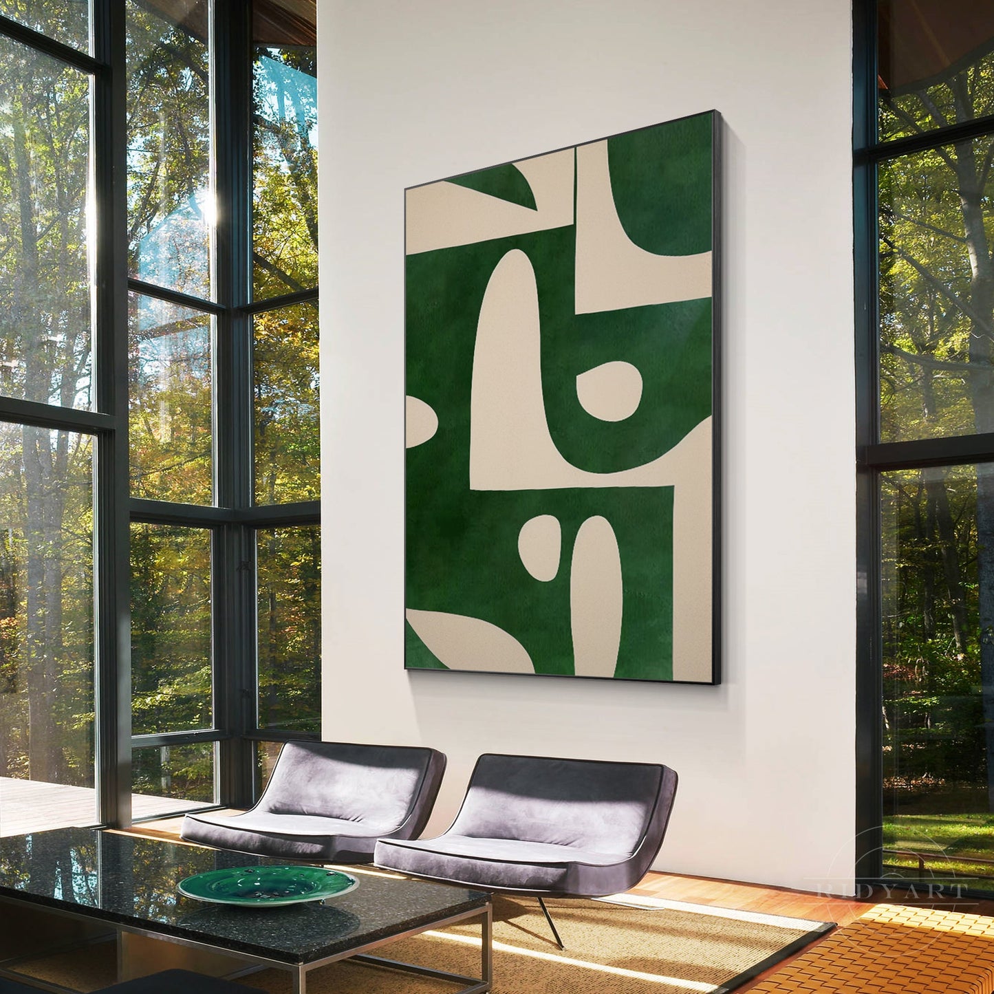 Beige Emerald Green Vertical Abstract Art Organic Shape