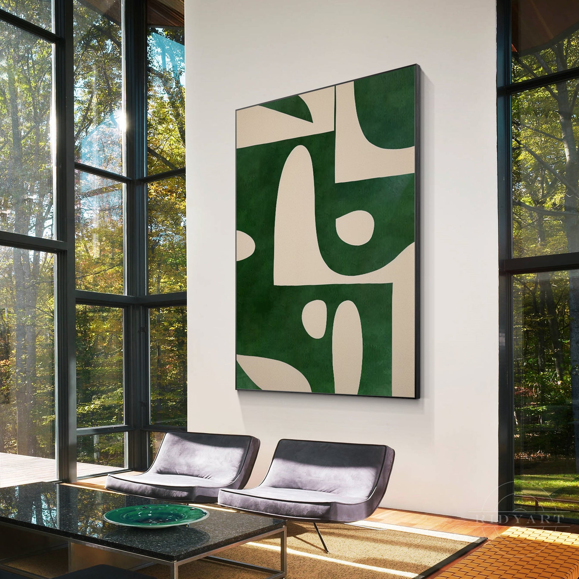 Beige Emerald Green Vertical Abstract Art Organic Shape