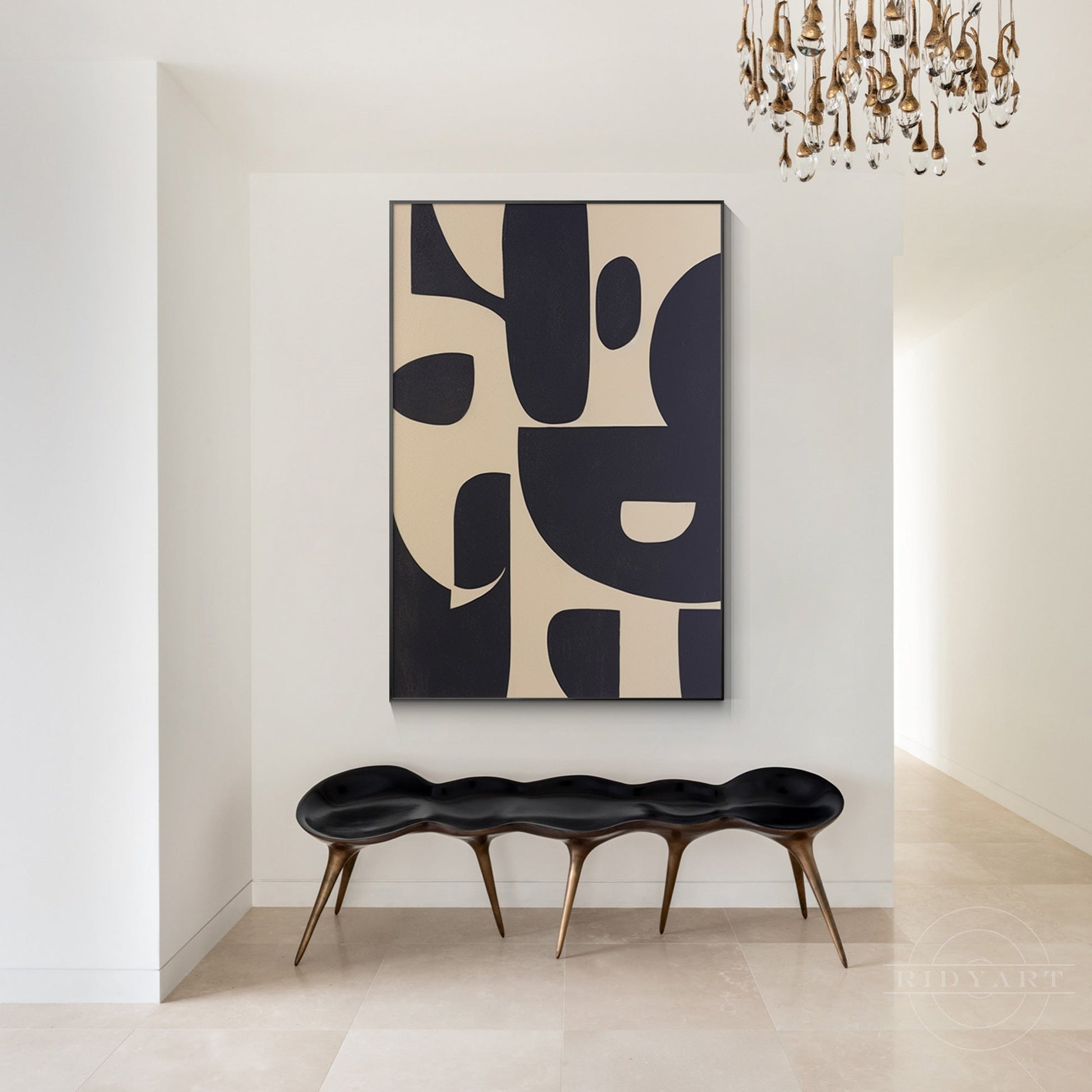 Black Beige Geometric Texture Art Organic Shape Canvas
