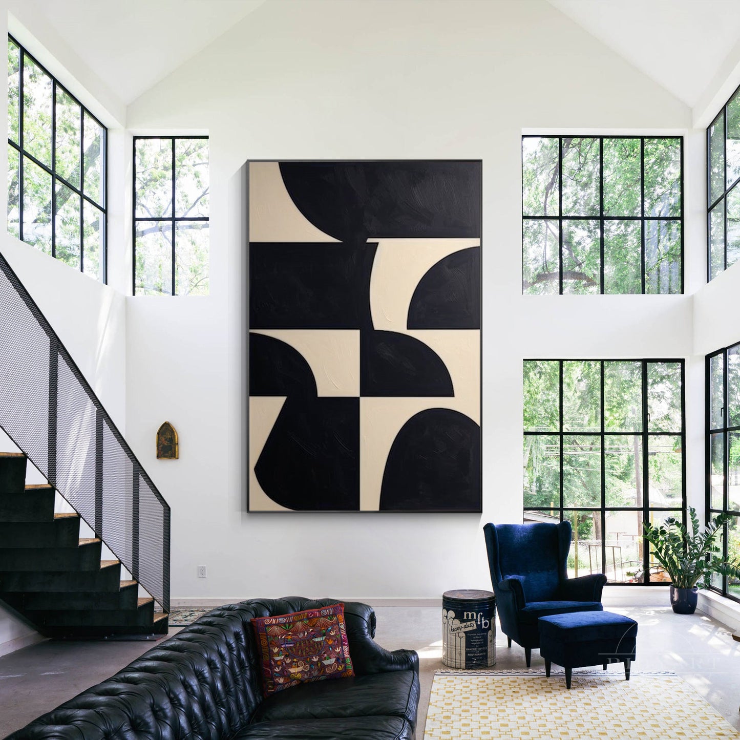 Black Beige Geometric Texture Art Organic Shape Canvas Wall