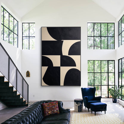 Black Beige Geometric Texture Art Organic Shape Canvas Wall