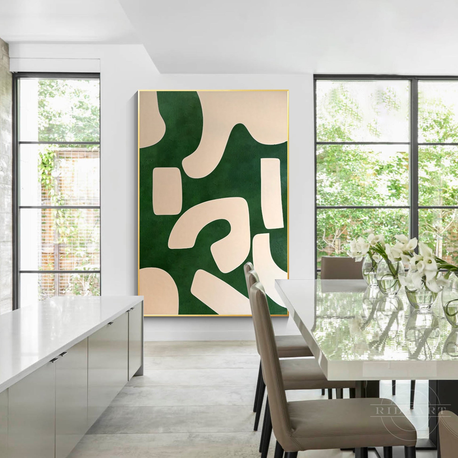 Emerald Green Beige Abstract Painting Vertical Organic Shape