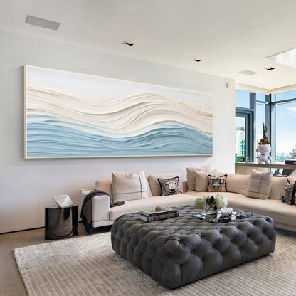 Blue Beige Ocean Waves Textured Horizontal Coastal Wall Art