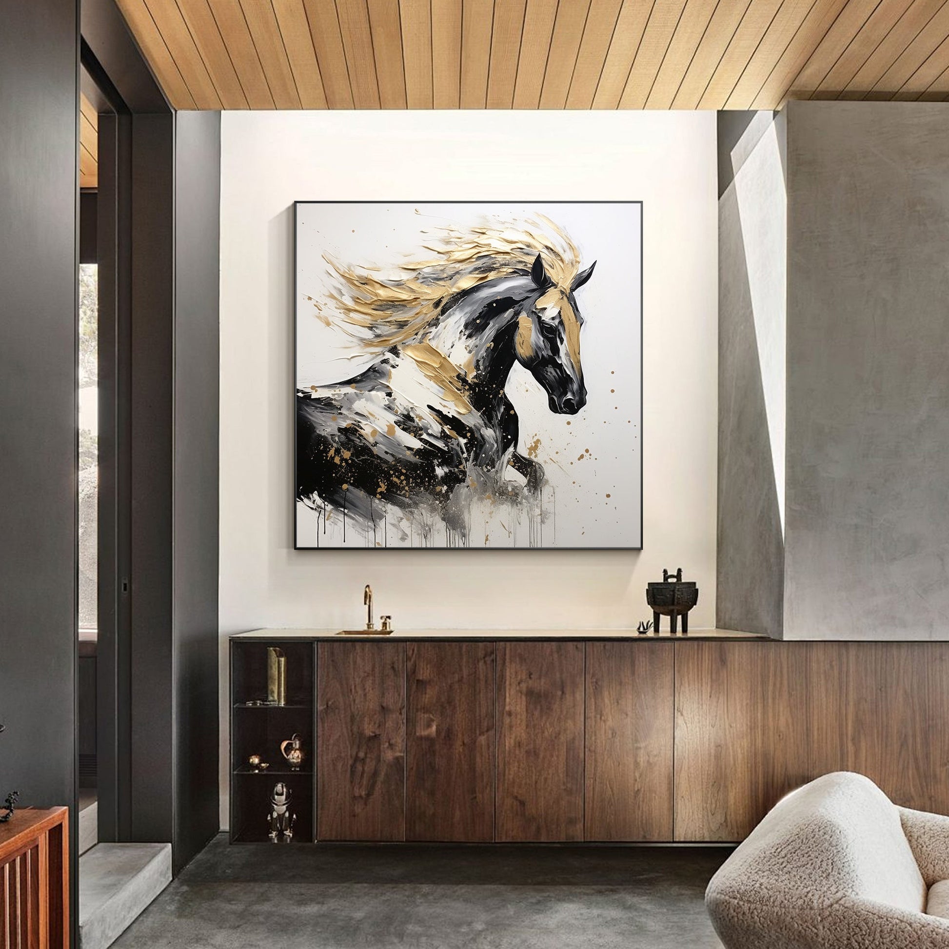 Black Gold Running Horse Textured Painting, Original Canvas