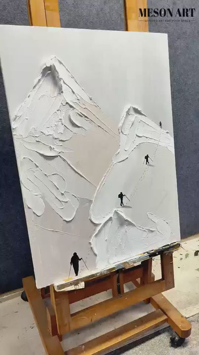 Snow Mountain Climbing Painting Skier Canvas Art White Plaster Art Snow Mountain Landscape Wall Art