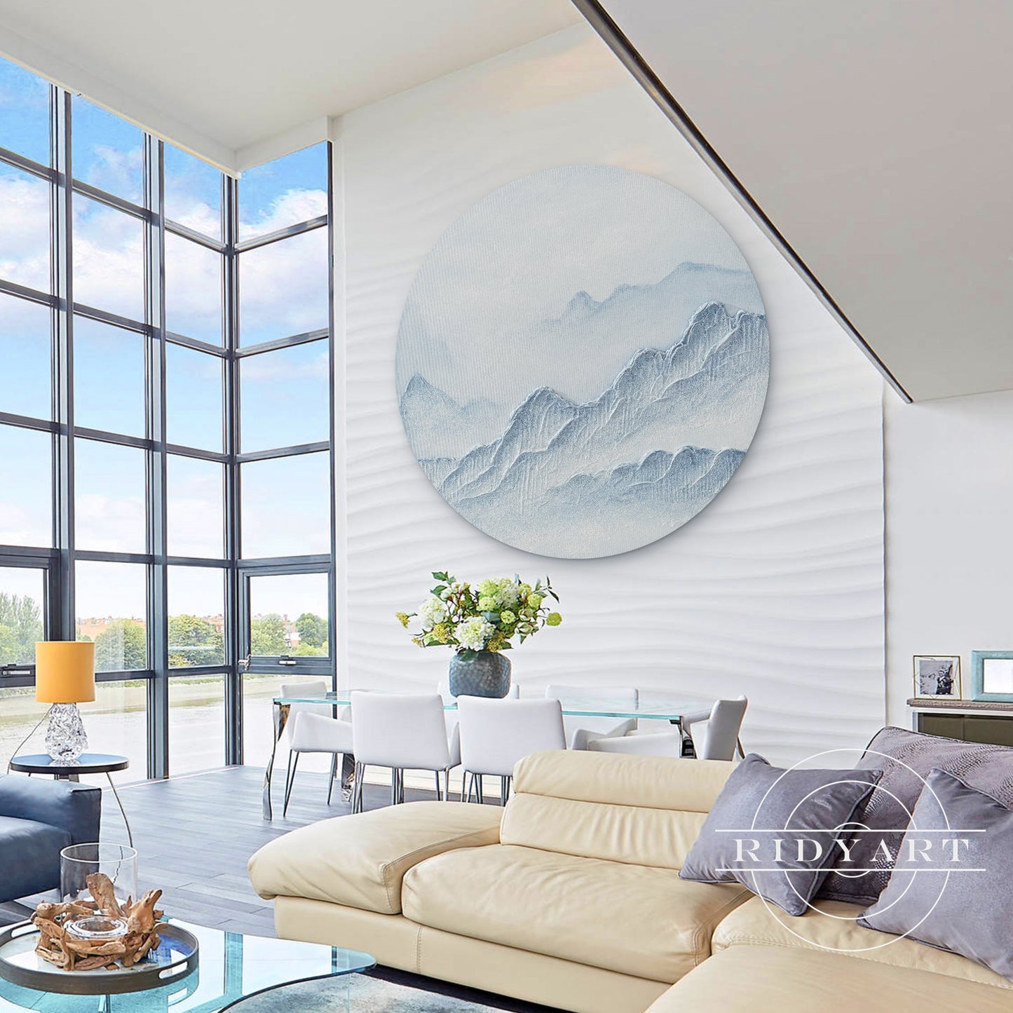 Round Blue White Mountain 3D Texture Wall Art Framed