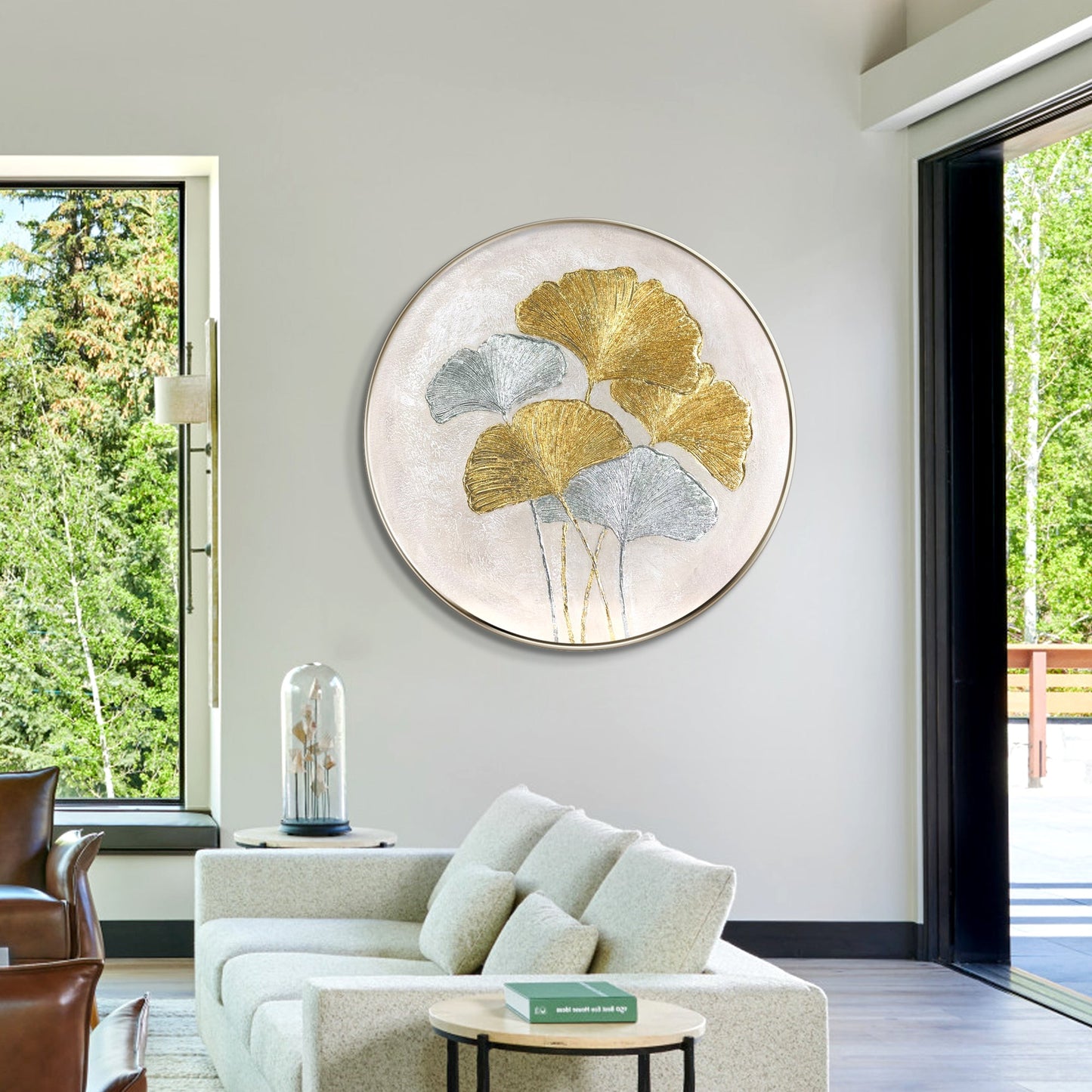 Ginkgo Leaves Painting Gold Silver Foil Round Wall Art