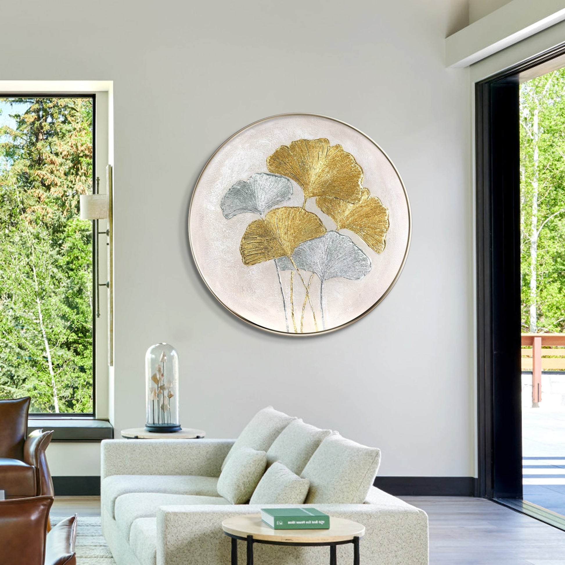 Ginkgo Leaves Painting Gold Silver Foil Round Wall Art