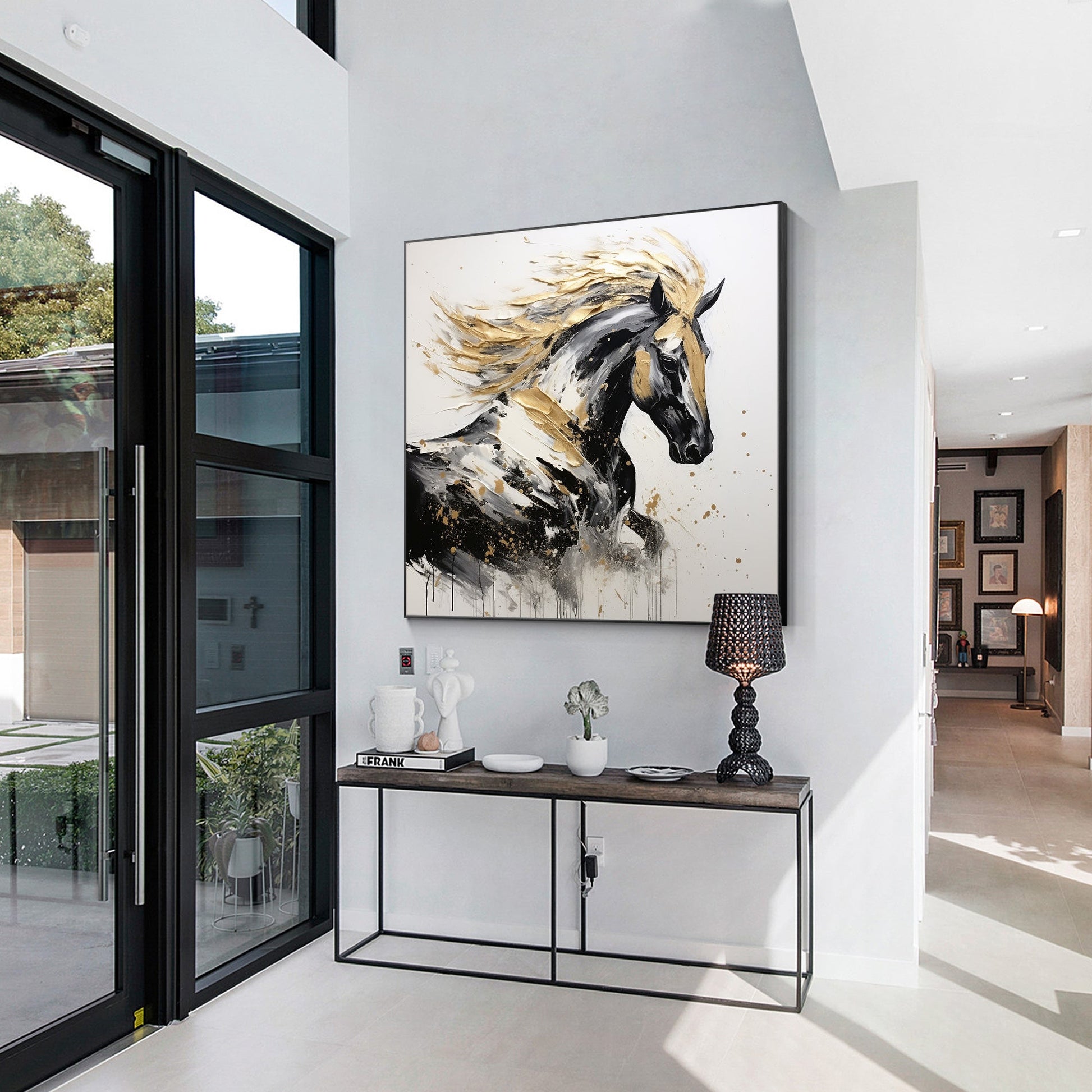 Black Gold Running Horse Textured Painting, Original Canvas