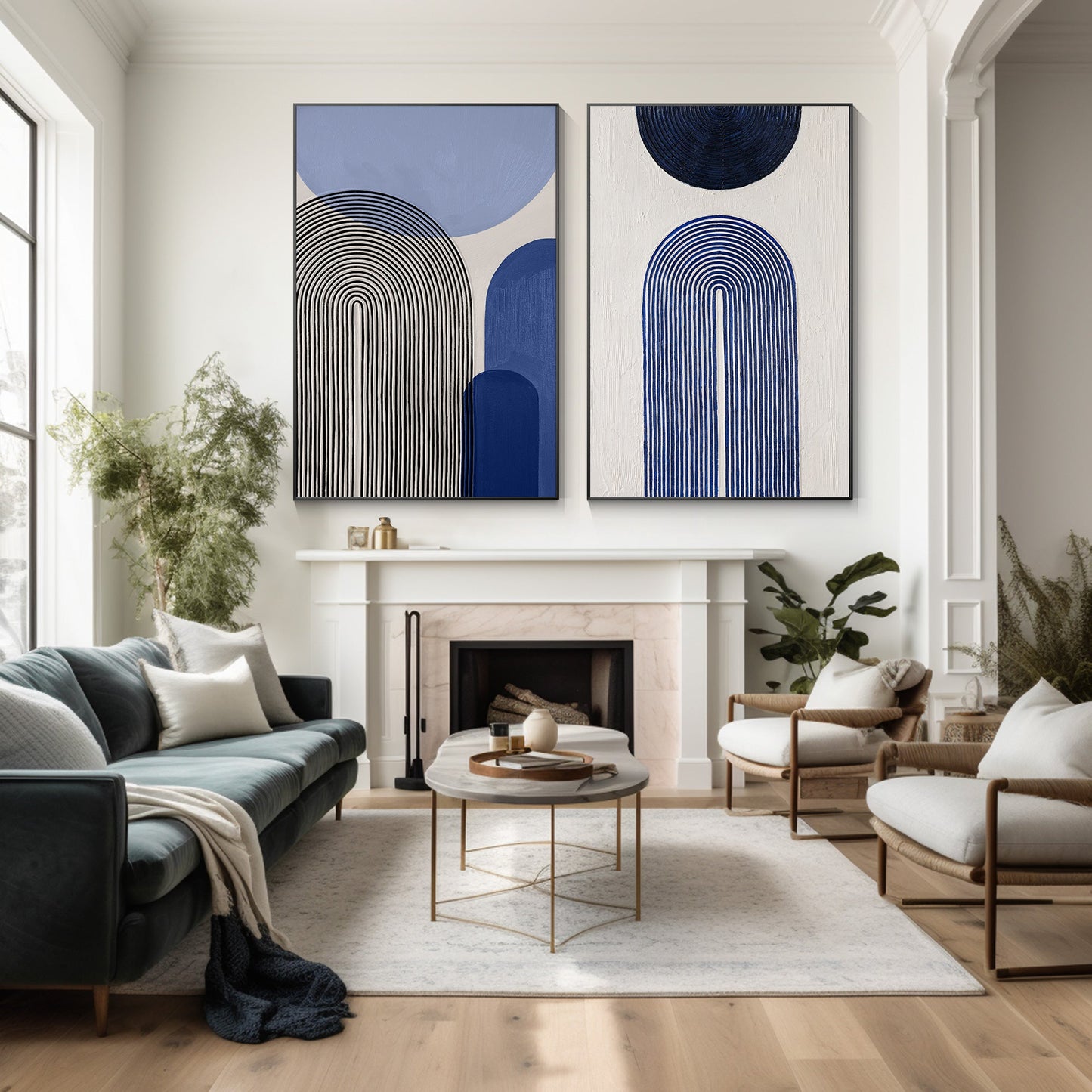 Set of 2 Baby Blue Abstract Geometric Painting