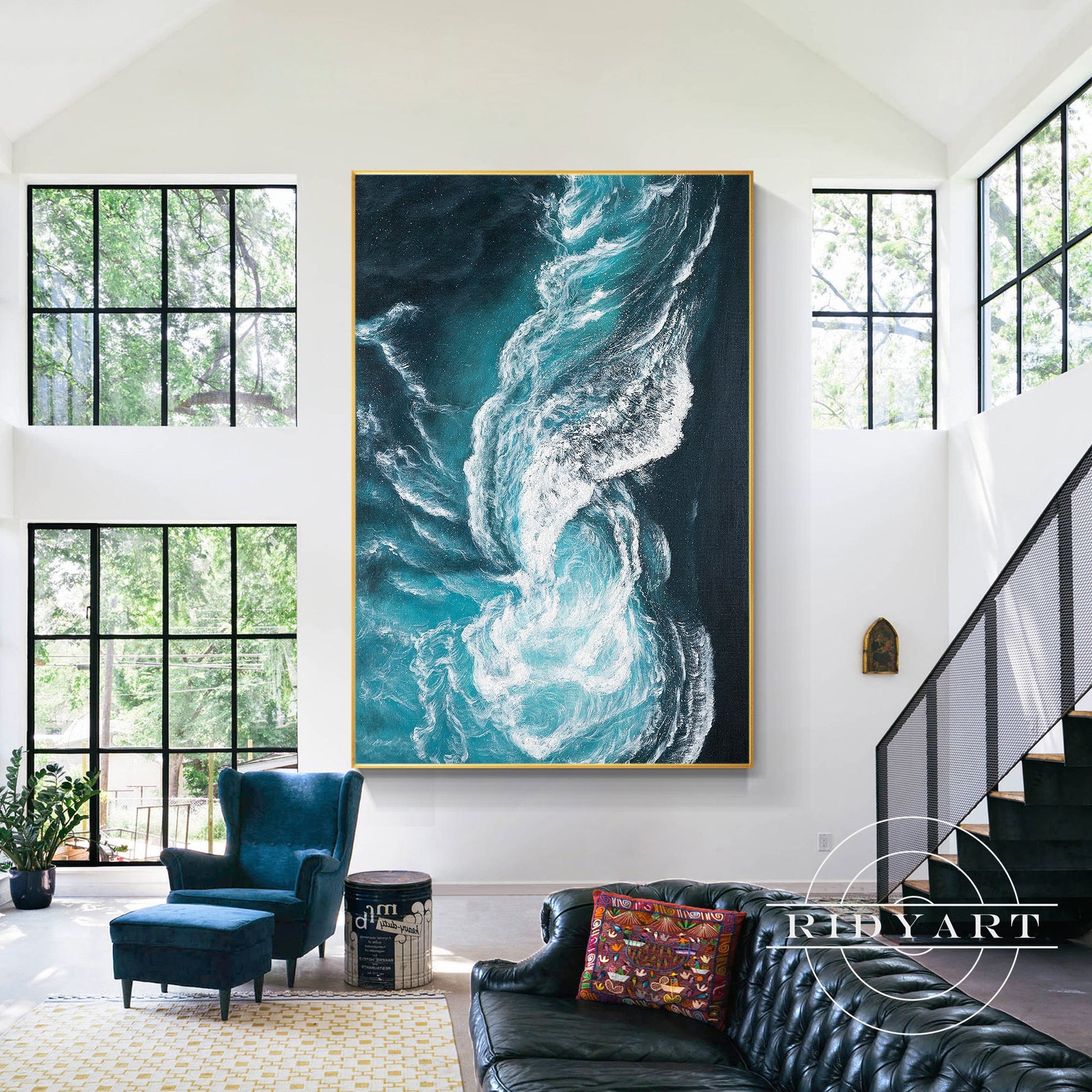 Ocean Wave Abstract Canvas Wall Art - Teal & White