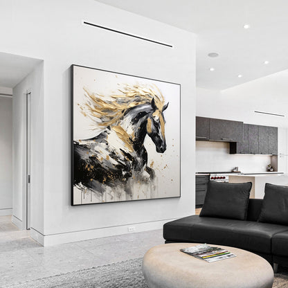 Black Gold Running Horse Textured Painting, Original Canvas