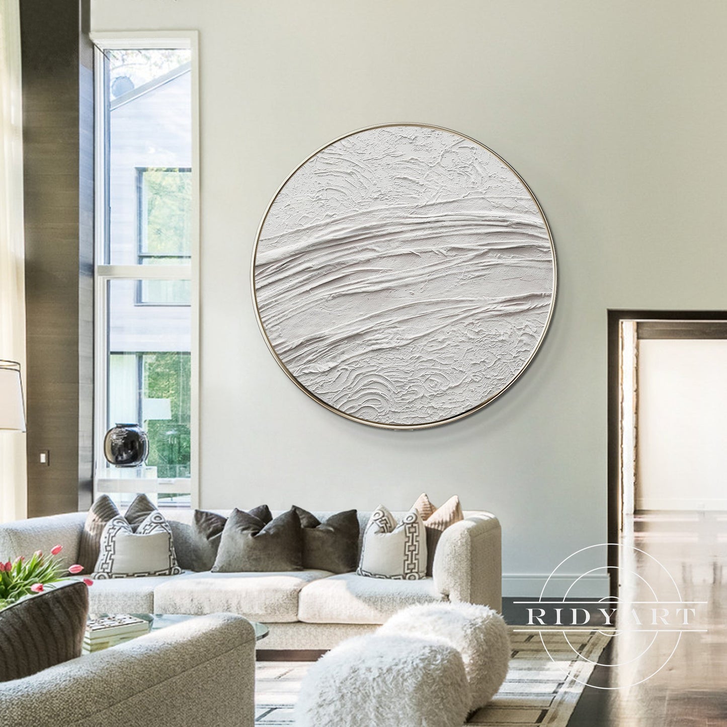 White Minimalist 3D Thick Texture Round Wall Art Framed
