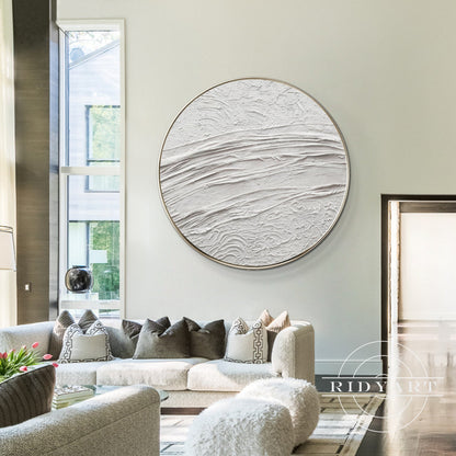White Minimalist 3D Thick Texture Round Wall Art Framed