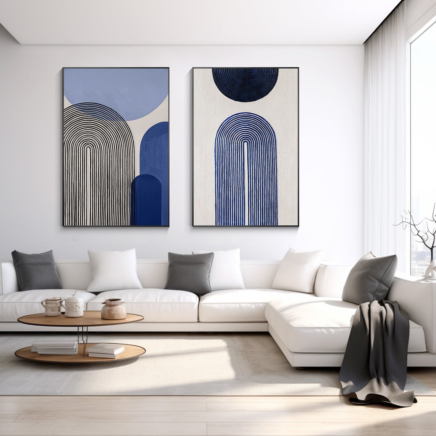 Set of 2 Baby Blue Abstract Geometric Painting