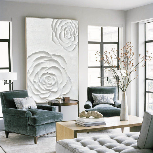 Minimalist Flower Oil Painting Large White Texture Art