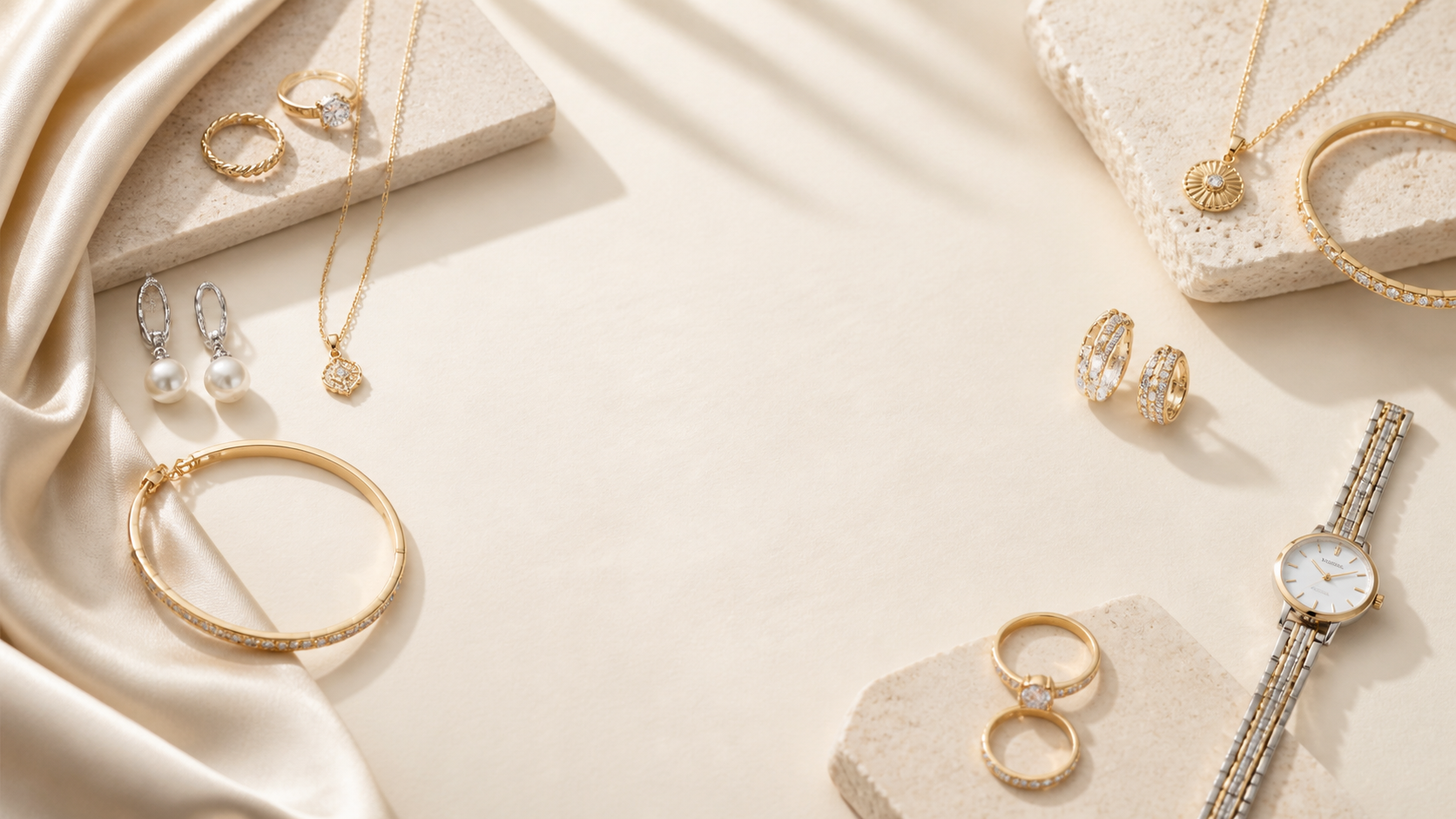Elegant women's jewelry arranged on silk